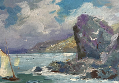 Oil painting of seagulls, rocky shore, sailboats by Yuriy Suprunchuk