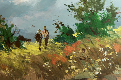 Oil painting by Yuriy Suprunchuk: couple in sunlit wildflower field