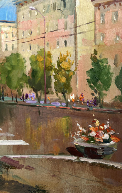 Oil painting Summer rhythm of the city by Yuriy Suprunchuk with orange and white flowers