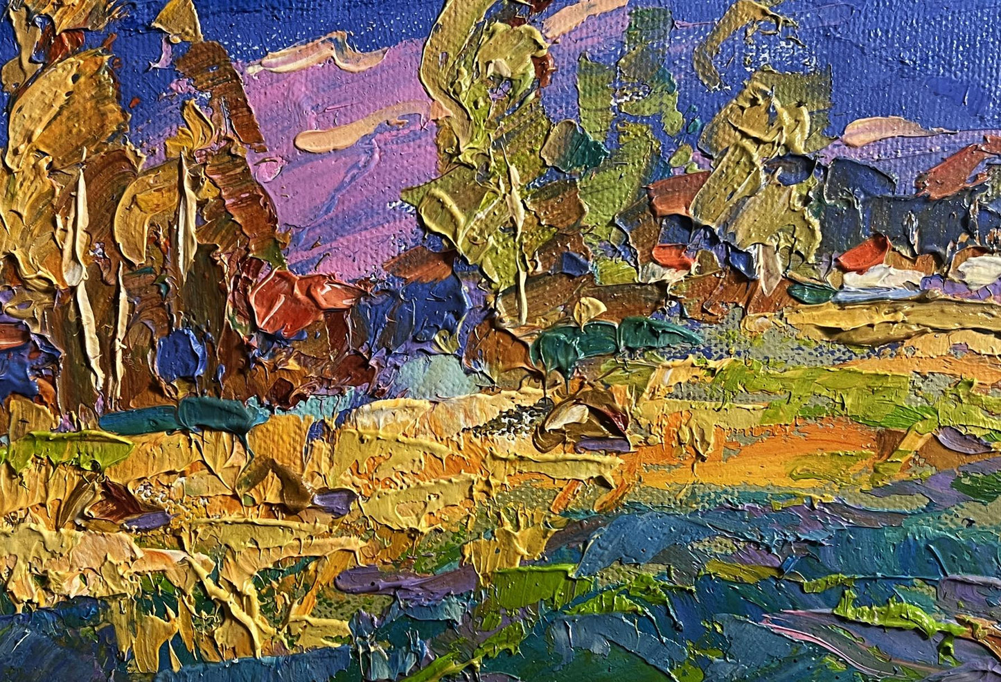 Vibrant impressionist oil painting Blue sky over the fields by Oksana Ivanyuk