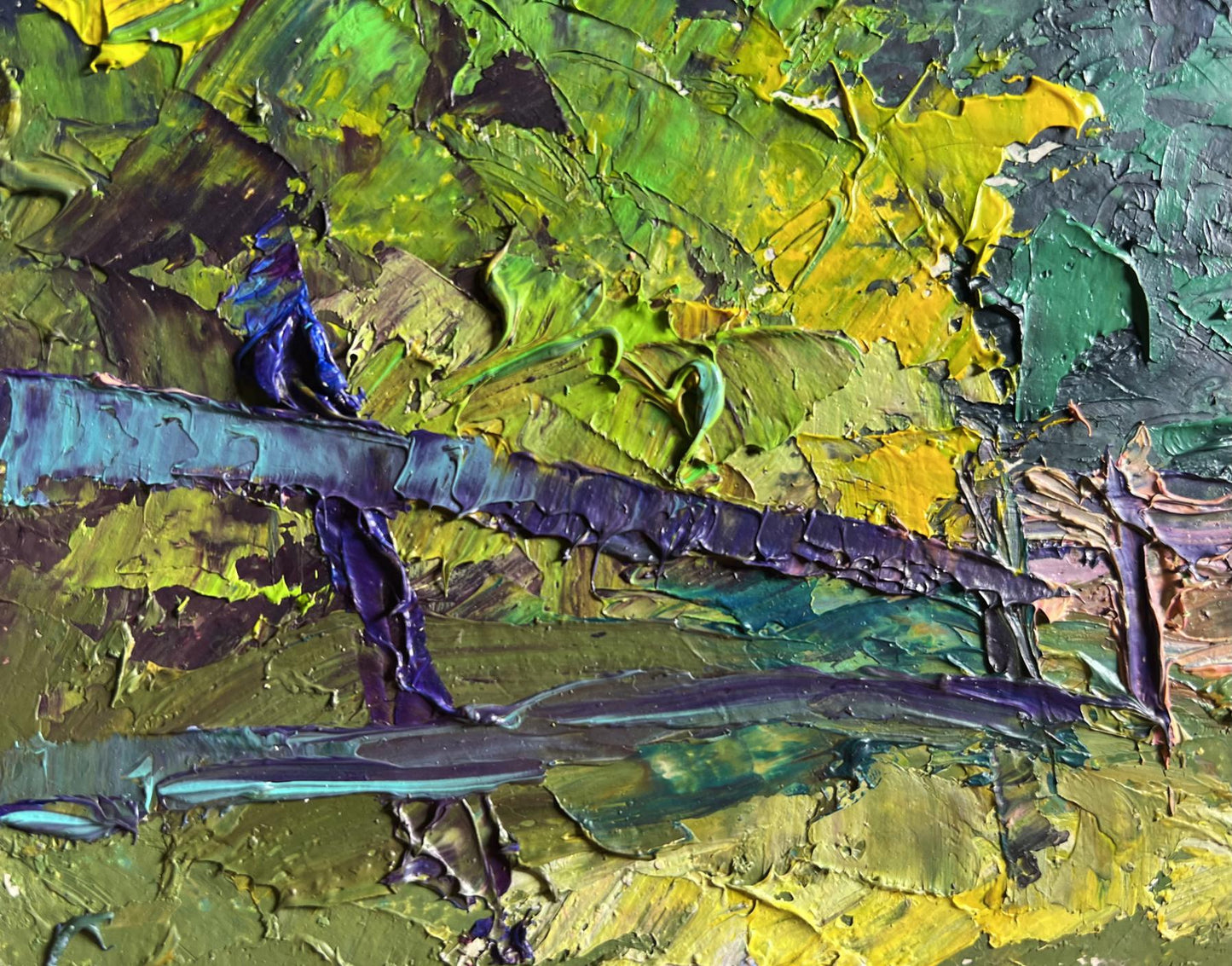Oil painting Lilac bush in garden by Boris Serdyuk, textured impasto green yellow purple