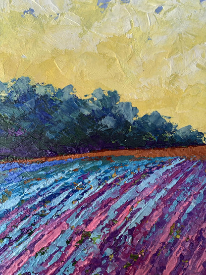 Vibrant impressionist oil painting of lavender field by V. Zadorozhnya Warm days in the fields