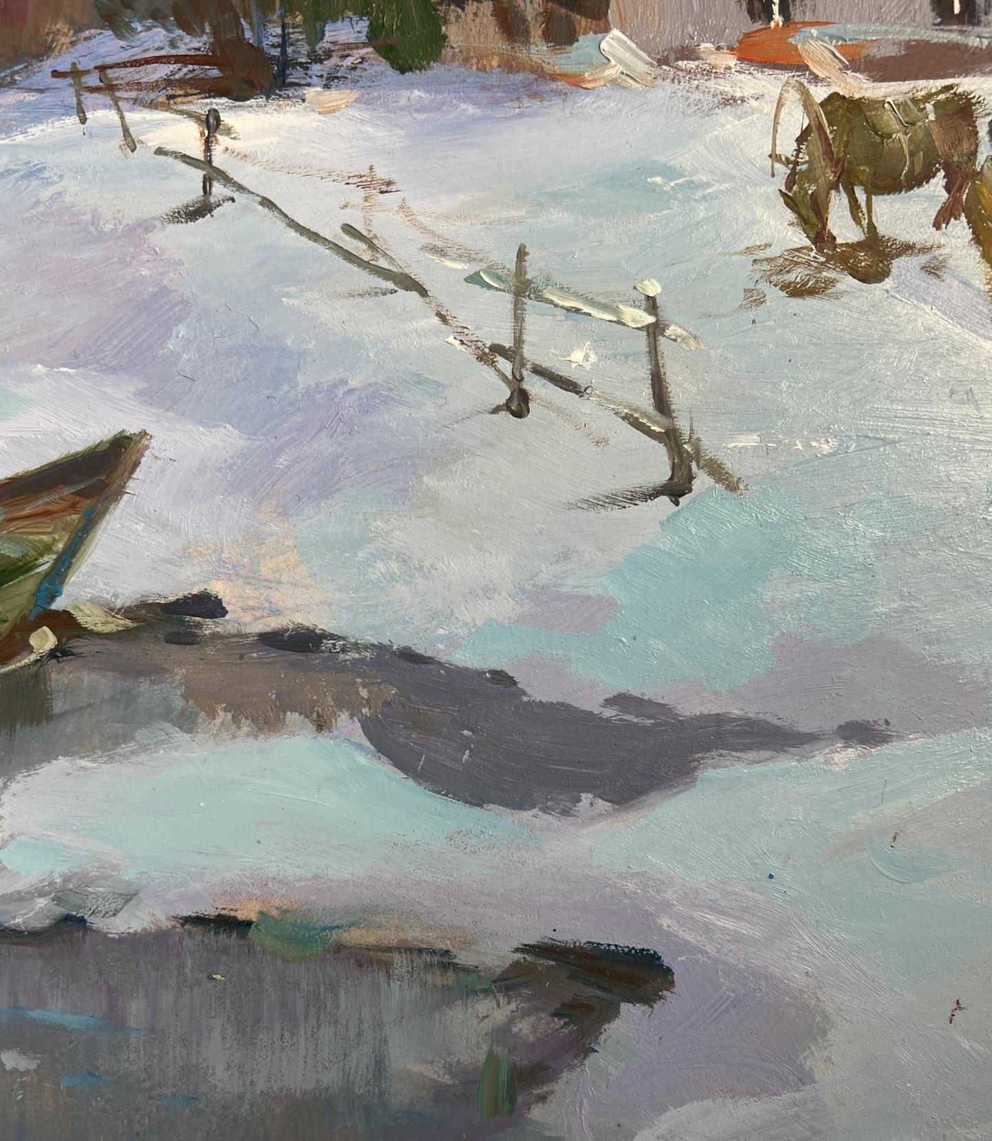 Oil painting by Yuriy Suprunchuk: rustic fence in snowy landscape