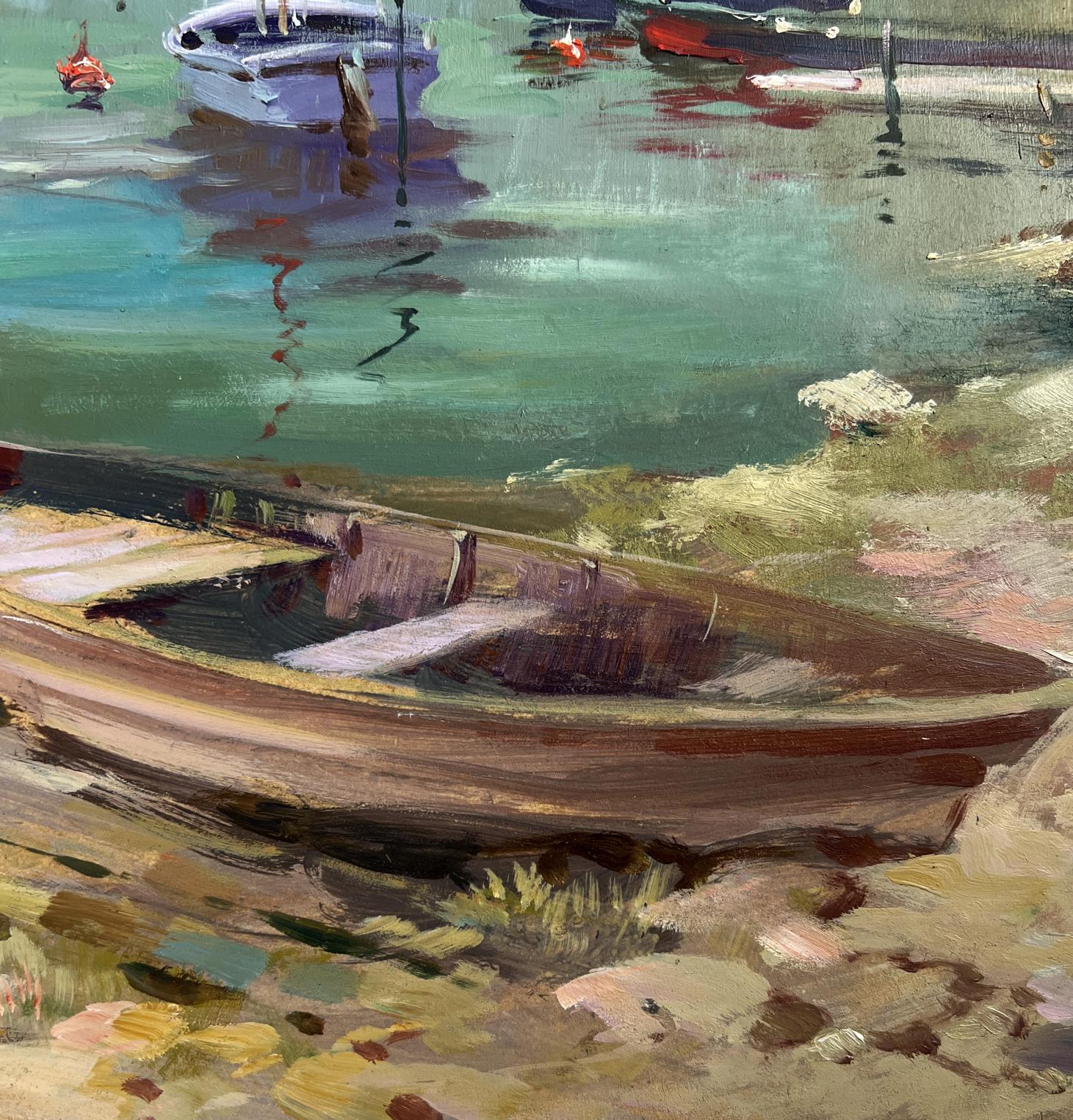 Oil painting of weathered rowboat on harbor shore by Yuriy Suprunchuk