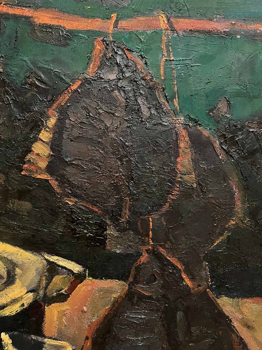 Oil painting Evening Still Life by Oleksandr Andreev, textured dark green black abstract