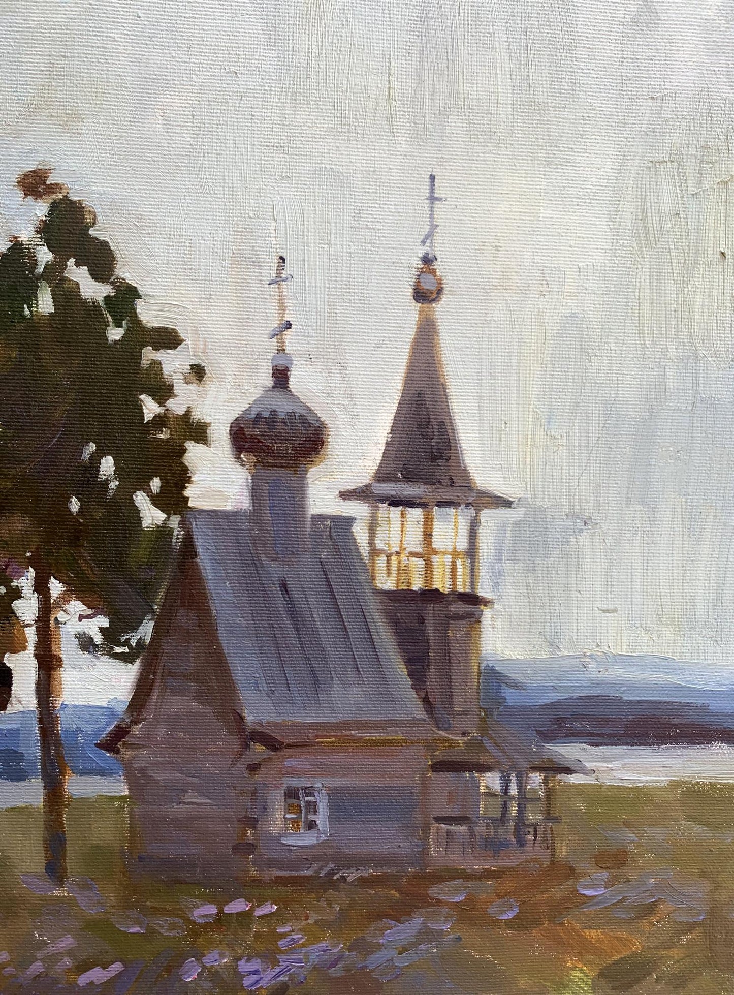 Oil painting of rustic wooden church with onion domes by Tatyana Derdey