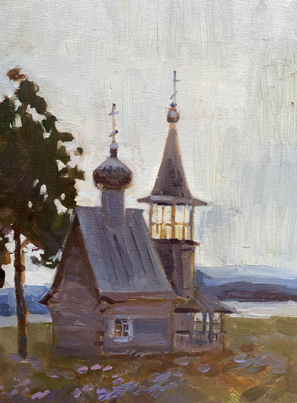 Oil painting of rustic wooden church with onion domes by Tatyana Derdey