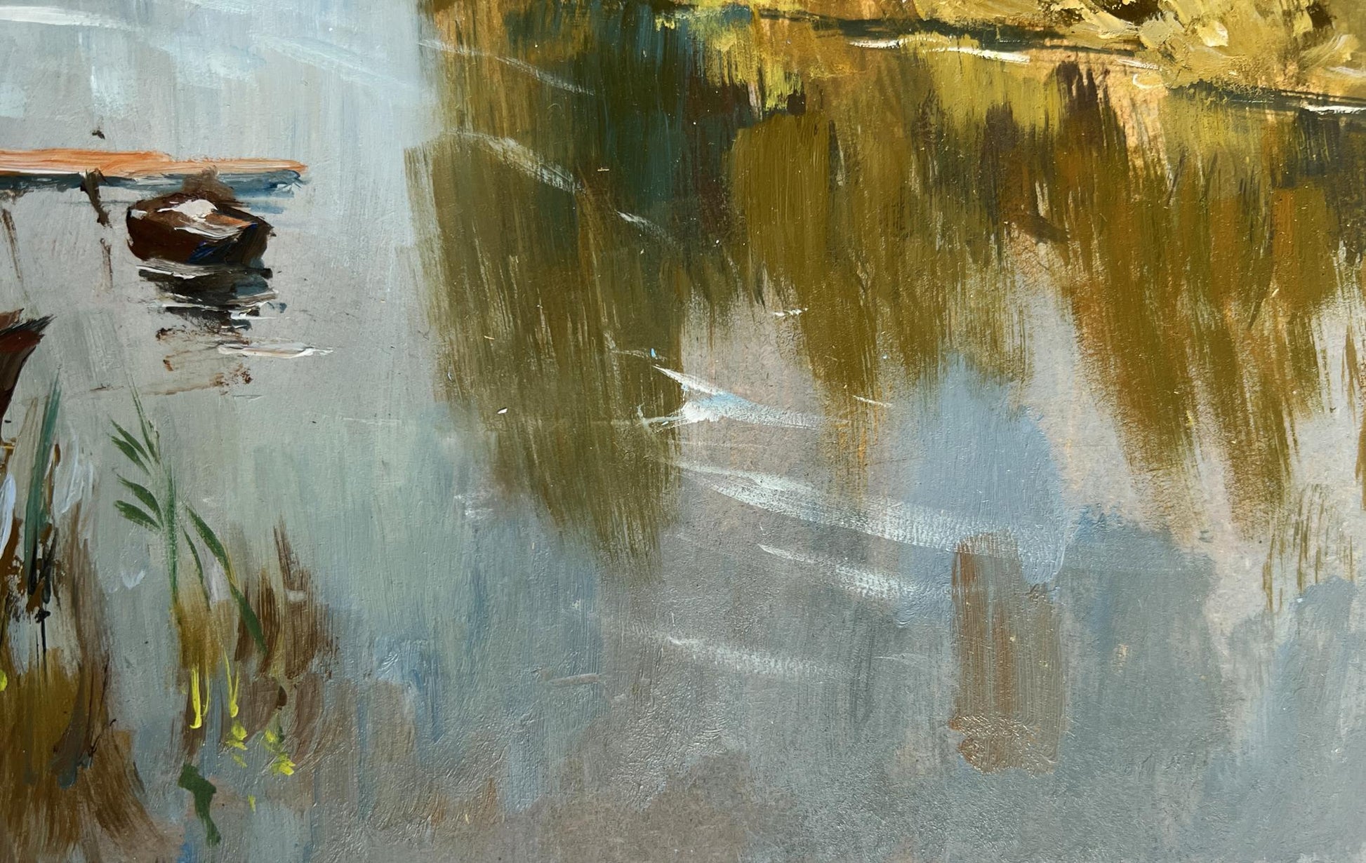 Abstract impressionist oil painting of ferry on long river by Yuriy Suprunchuk