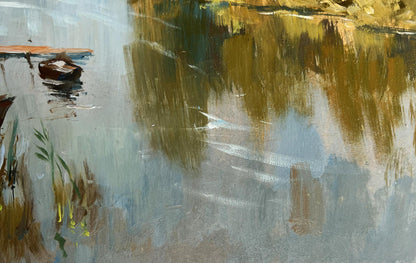 Abstract impressionist oil painting of ferry on long river by Yuriy Suprunchuk