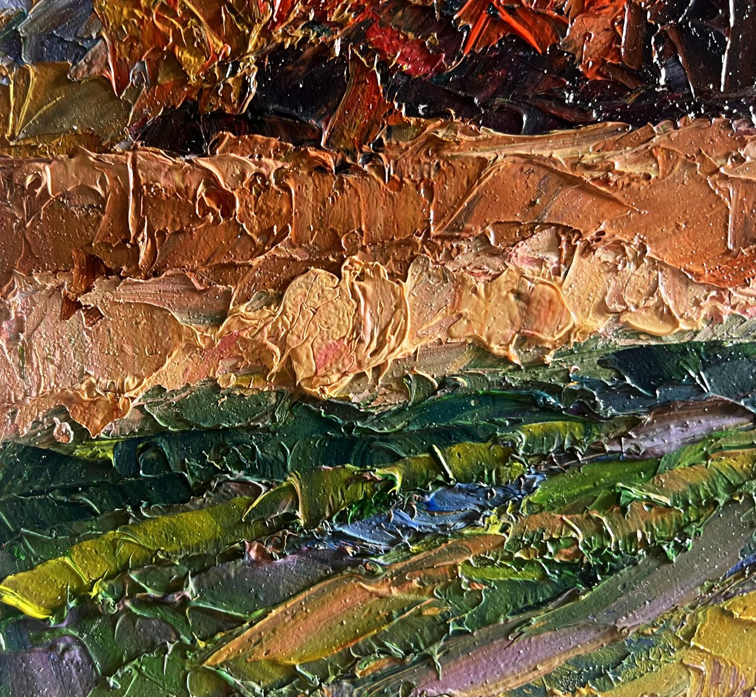 Oil painting Crimson autumn in the forest by Boris Serdyuk, impasto textures