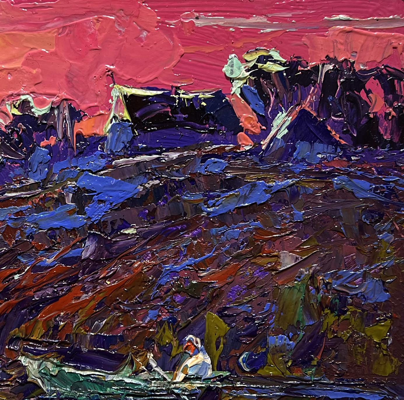 Vibrant impressionist oil painting Crimson evening by the river by Oksana Ivanyuk