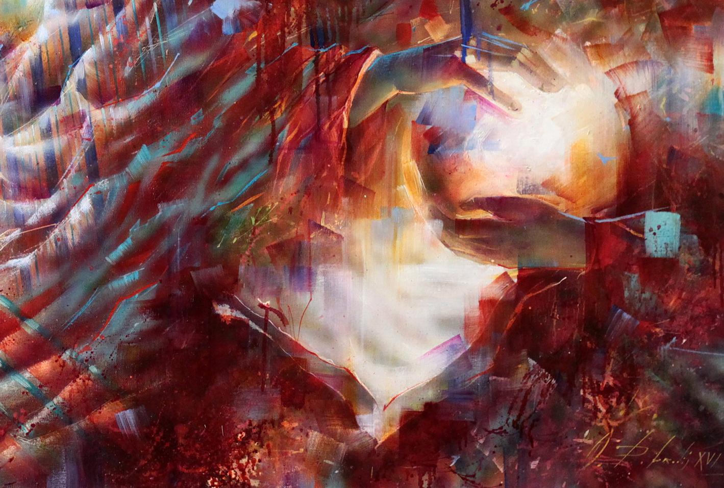 Vibrant oil painting Glowing ball by Alexander Dobrodiy with bold reds oranges blues