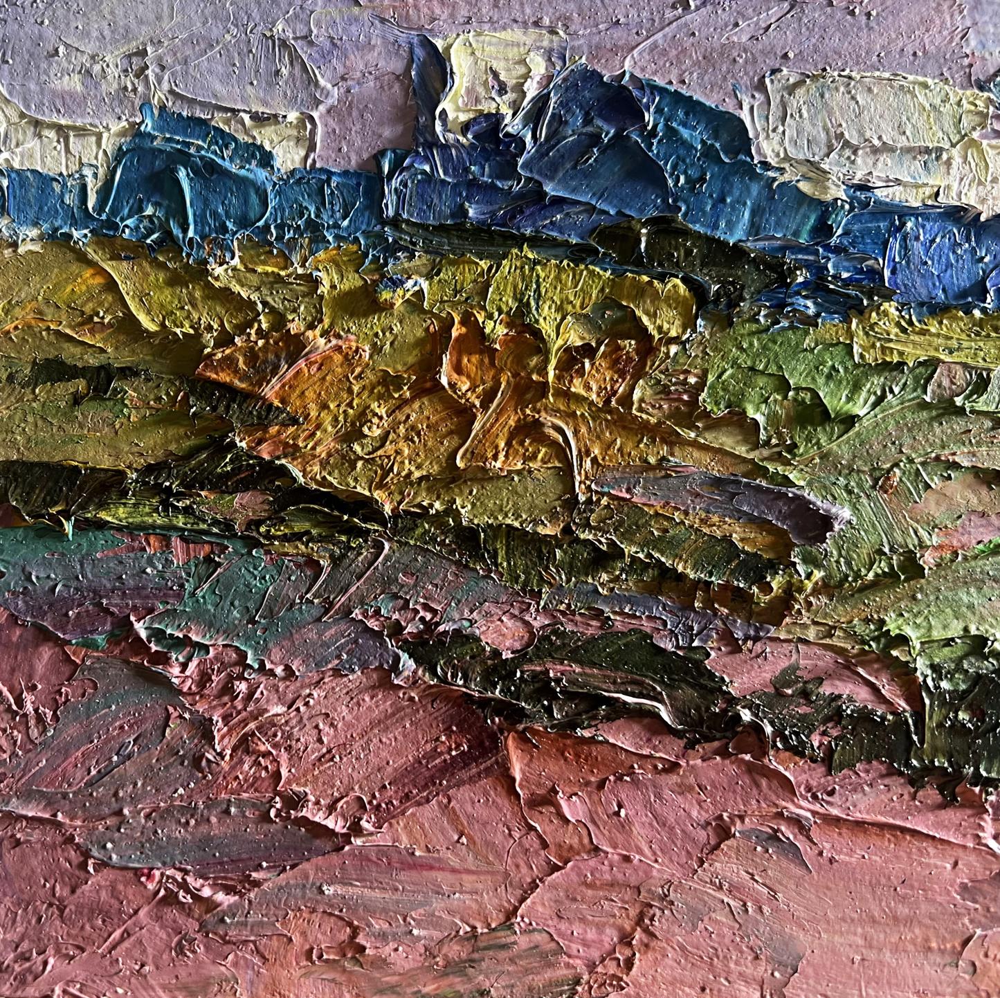Oil painting September day in the field by Boris Serdyuk, textured blues and greens