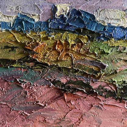 Oil painting September day in the field by Boris Serdyuk, textured blues and greens