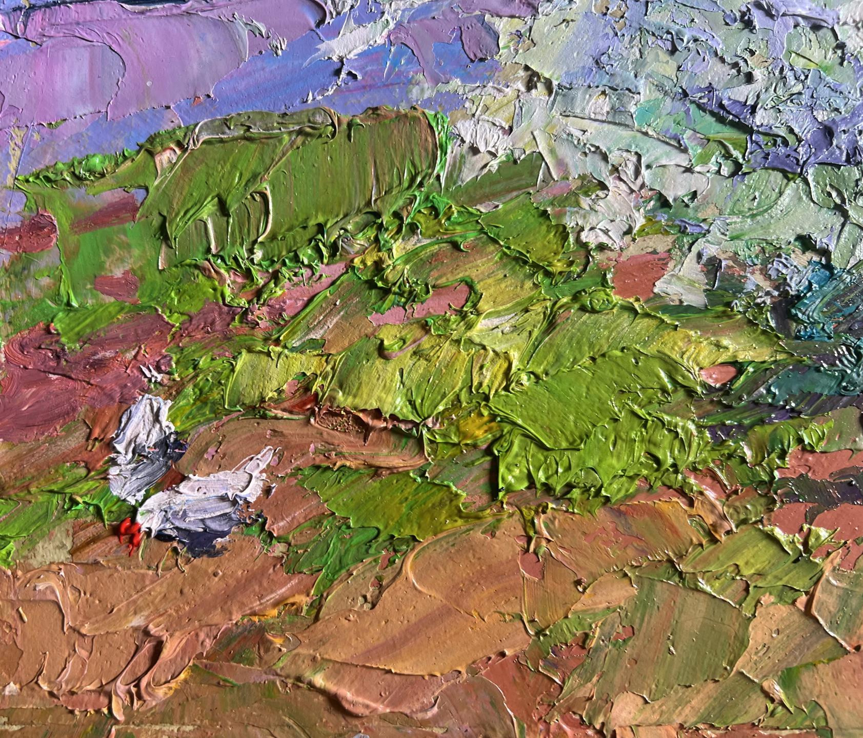 Impressionistic oil painting of flowering tree and chickens by Boris Serdyuk