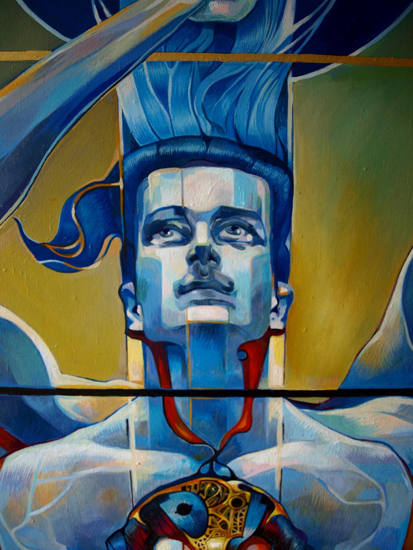 Oil painting Ashwattha by Konsta G. Amelinn: vibrant blue gold mural figure