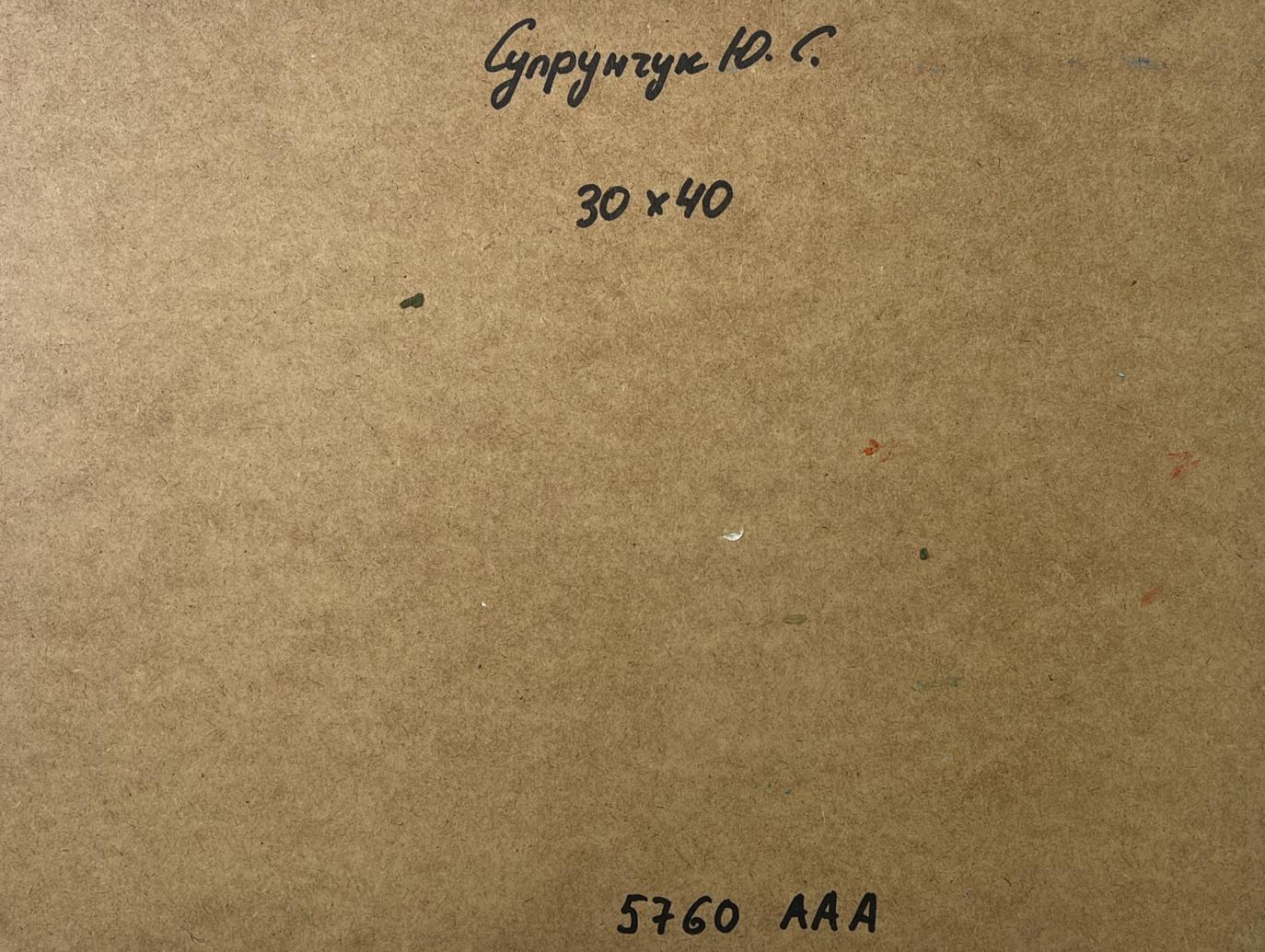 Back of Yuriy Suprunchuk oil painting Shore with a boat: brown textured paper with Cyrillic text