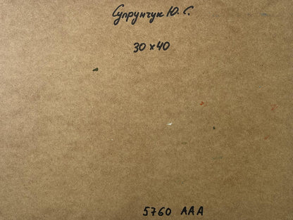 Back of Yuriy Suprunchuk oil painting Shore with a boat: brown textured paper with Cyrillic text