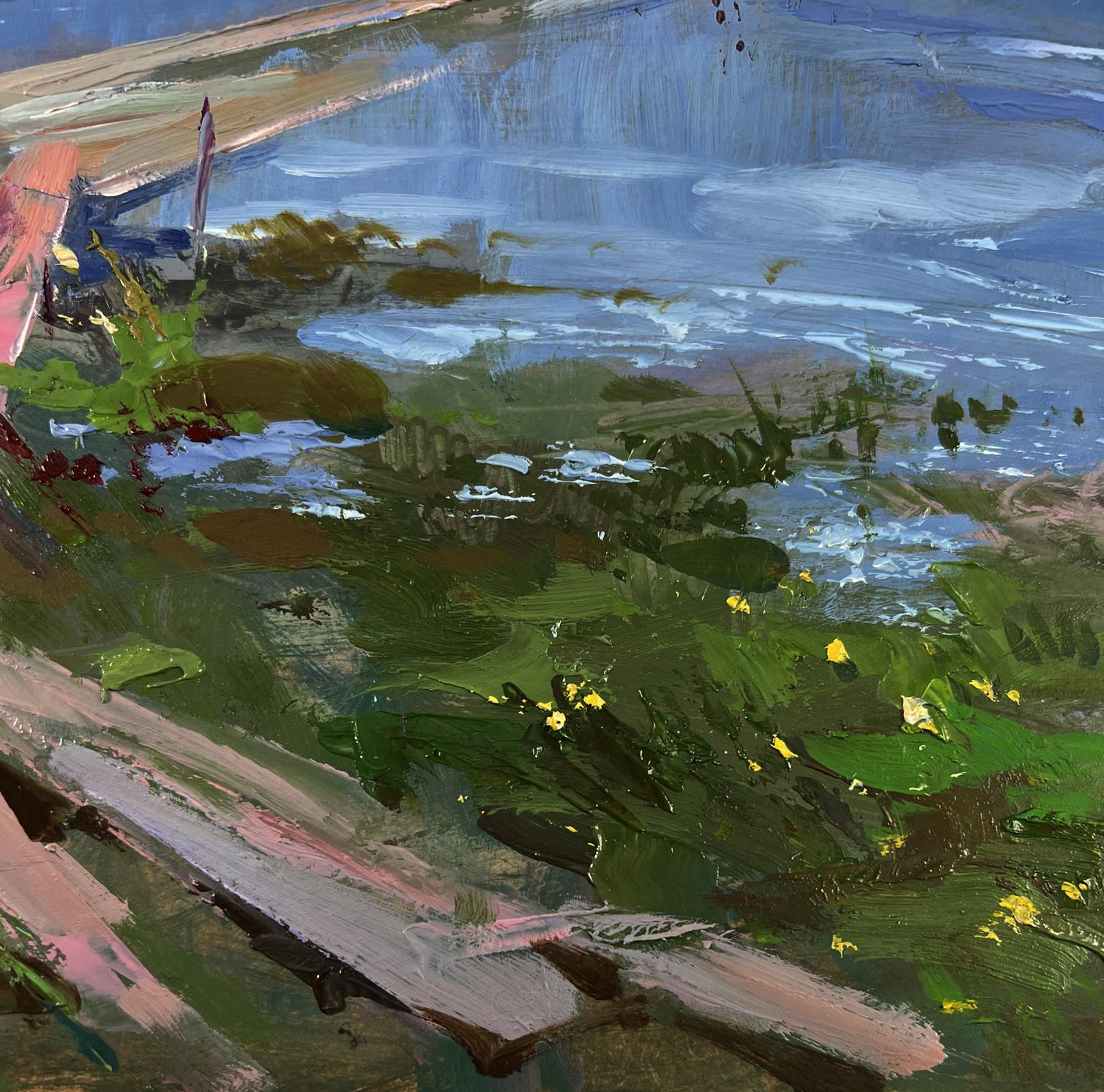 Vibrant impressionist oil painting of river flow by Yuriy Suprunchuk with lush foliage