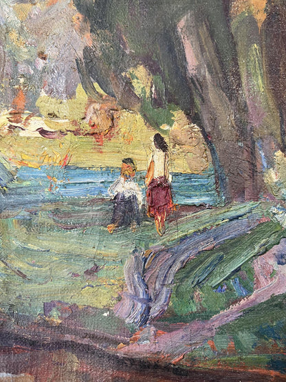 Impressionistic oil painting by Yuri Lyubavin of figures on shoreline under trees