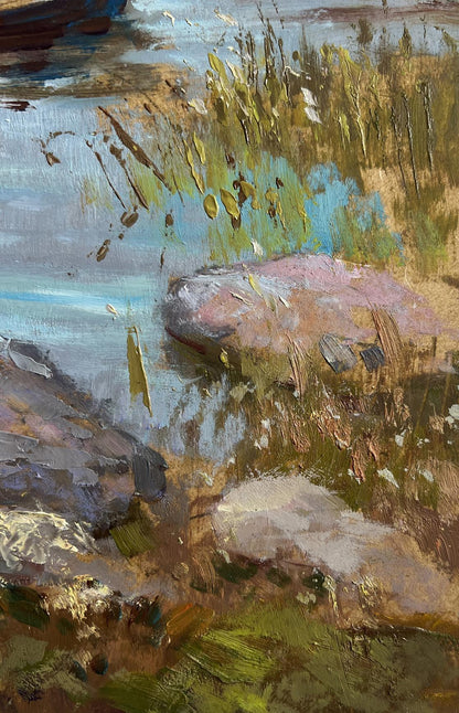 Impressionistic oil painting of pinkish-gray rock in water by Yuriy Suprunchuk