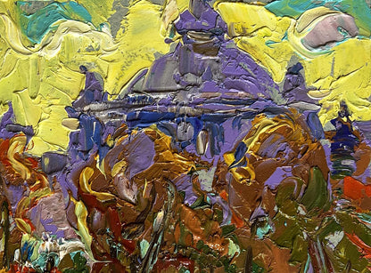 Vibrant impasto oil painting of city yellow sunset by Oleksiy Ivanyuk
