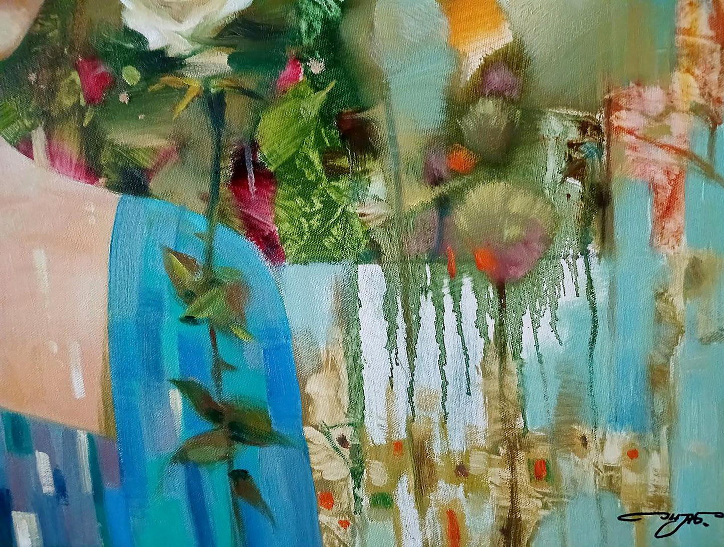 Abstract oil painting White rose by Anatoly Tarabanov with vibrant floral motifs