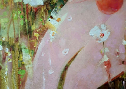 Abstract oil painting Eve Anatoly Tarabanov with pink blossoms and green foliage