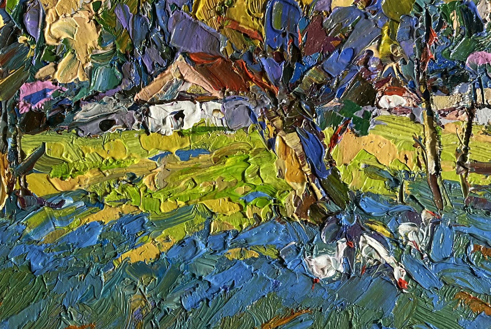 Vibrant impressionist oil painting by Oksana Ivanyuk: geese behind trees, rustic house