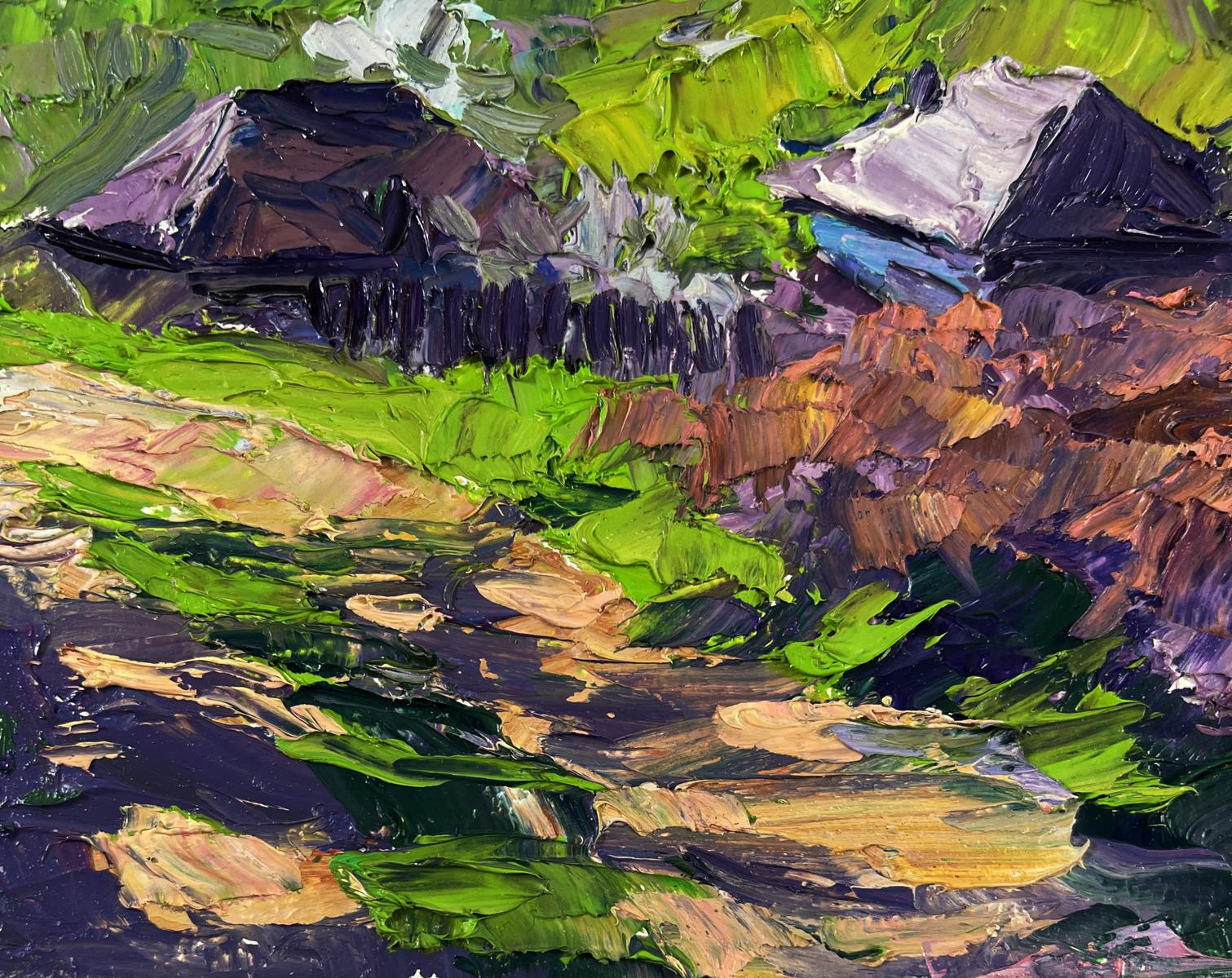 Vibrant impressionist oil painting of spring village in mountains by Boris Serdyuk