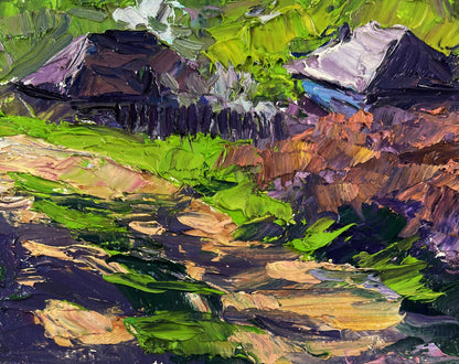 Vibrant impressionist oil painting of spring village in mountains by Boris Serdyuk