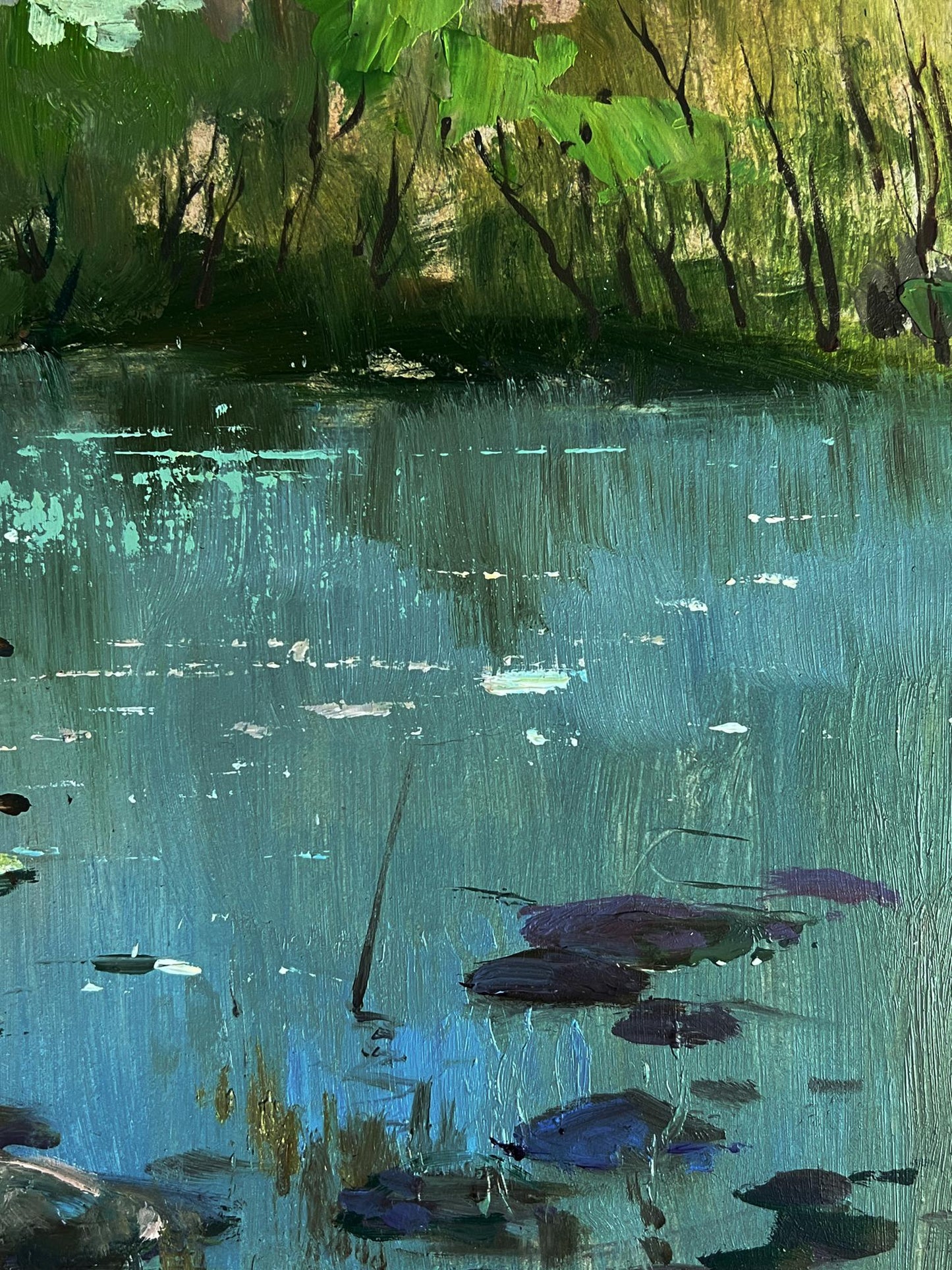 Tranquil pond painting by Yuriy Suprunchuk with lily pads and foliage