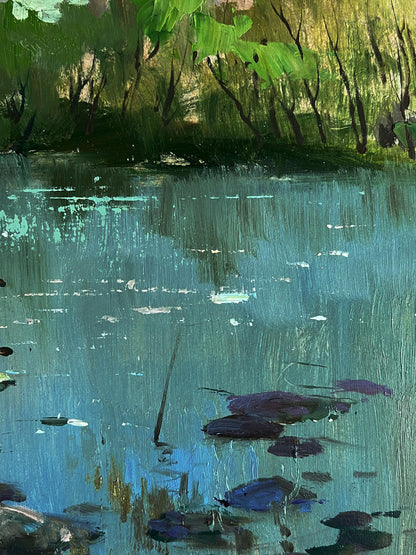Tranquil pond painting by Yuriy Suprunchuk with lily pads and foliage