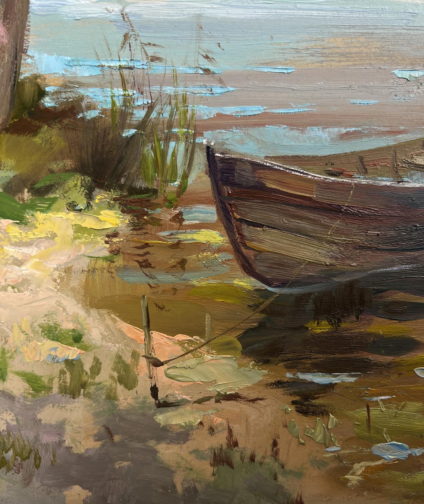 Oil painting of weathered rowboat in shallow river by Yuriy Suprunchuk
