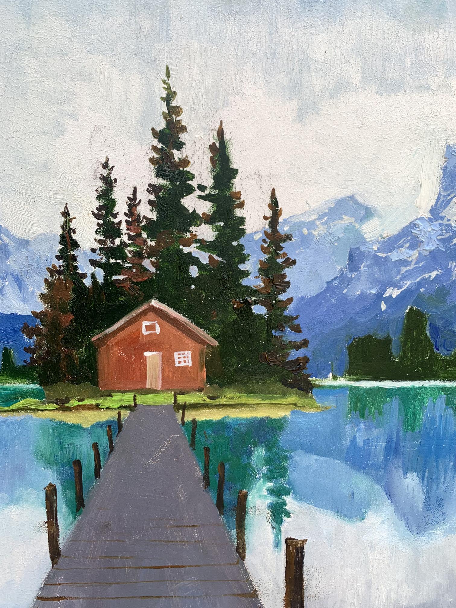 Oil painting by Tatyana Derdey: rustic red cabin on lake island