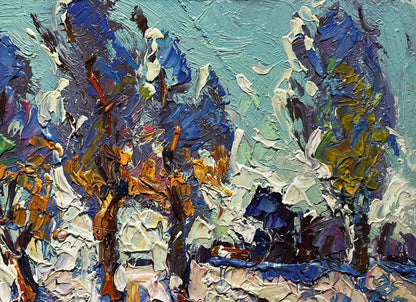 Vibrant impressionist oil painting Young poplars in the field by Oksana Ivanyuk