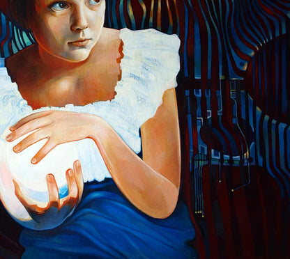 Oil painting Paramatma by Konsta G. Amelinn held gently in womans arms