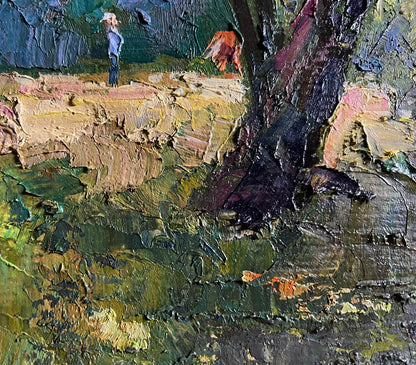 Oil painting Walking the Cows by Boris Serdyuk, textured green ochre scene