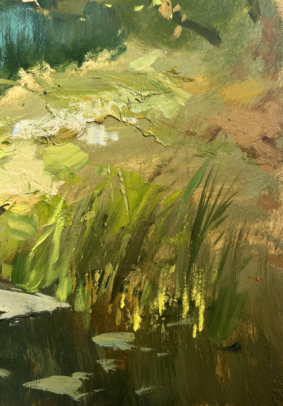 Oil painting Summer day in the outback by Yuriy Suprunchuk with lush green reeds