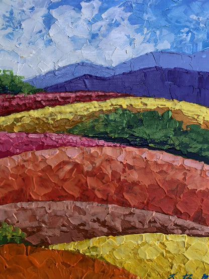 Vibrant oil painting of striped mountains and plains by V. Zadorozhnya