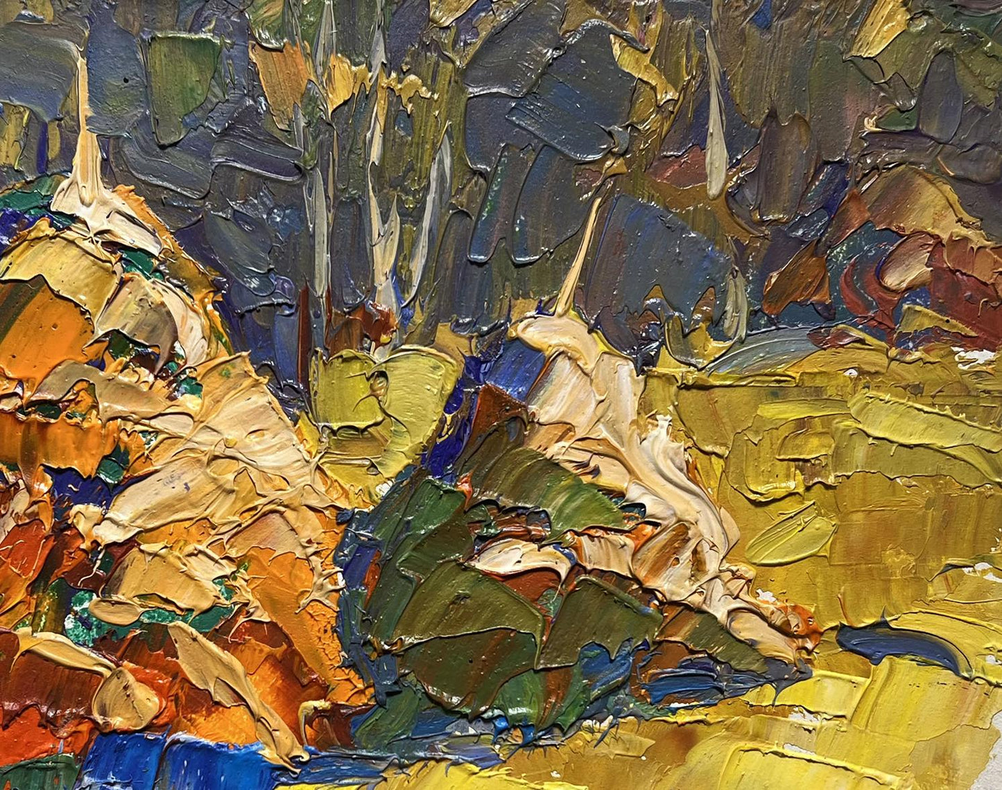 Oil painting In a sunny field by Oleksiy Ivanyuk with impasto brushstrokes