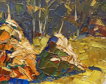 Oil painting In a sunny field by Oleksiy Ivanyuk with impasto brushstrokes