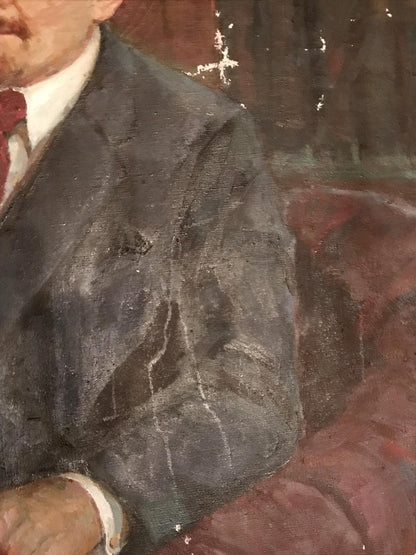 Oil painting of Lenin with newspaper by Fedor Zagorodnyuk in dark gray textured suit jacket