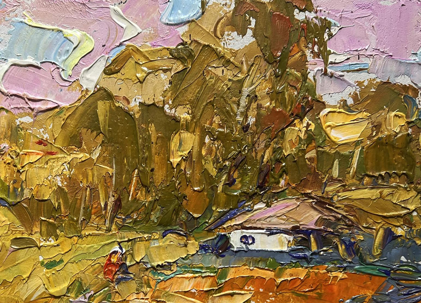 Oil painting of splashing ducklings by Oksana Ivanyuk in earthy impasto