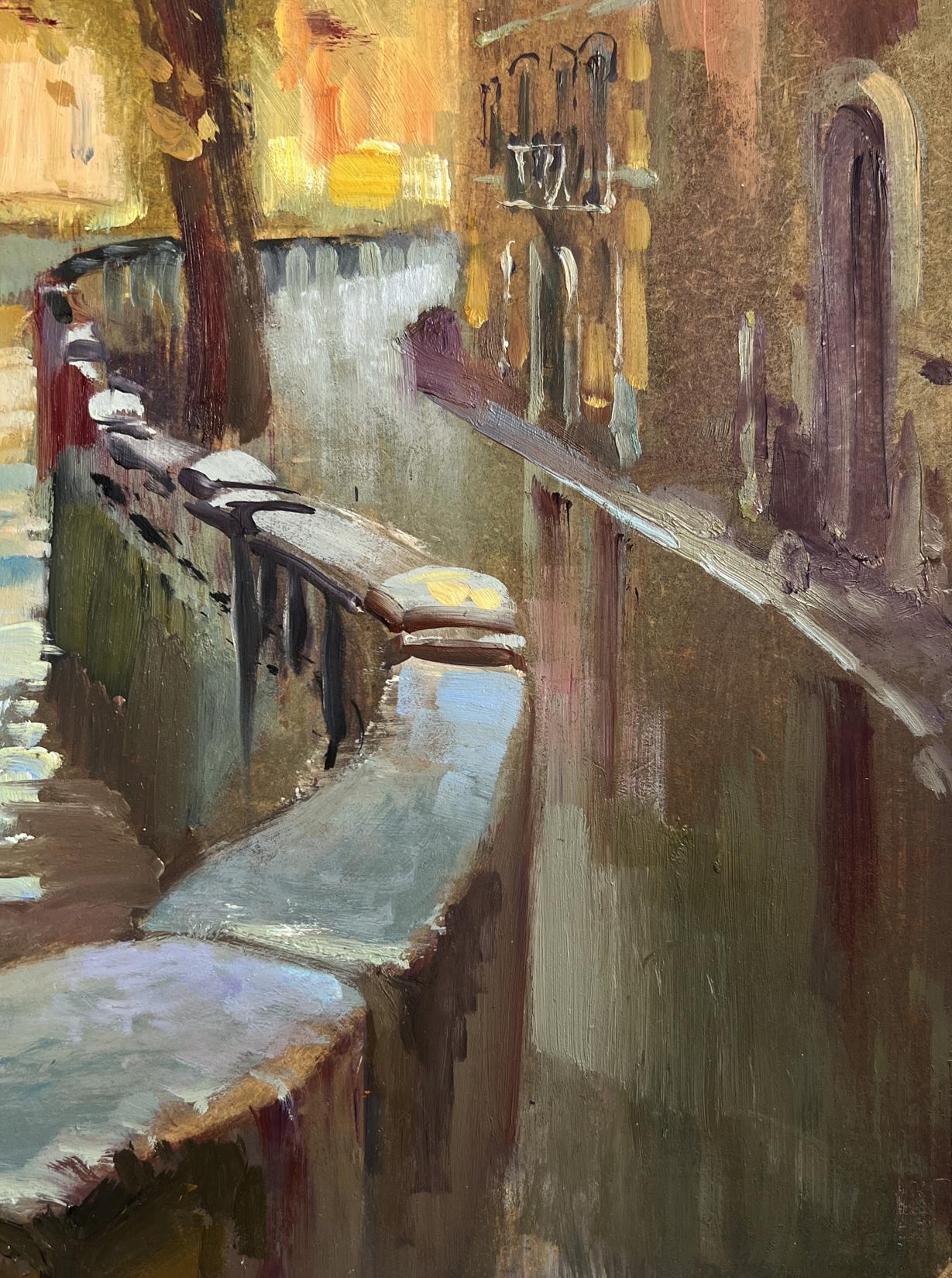 Warm-toned oil painting by Yuriy Suprunchuk of city alley with river