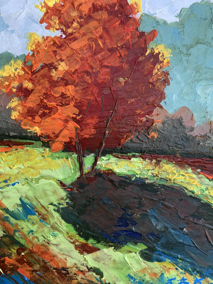 Oil painting Autumn tree V. Zadorozhnya with vibrant orange red leaves