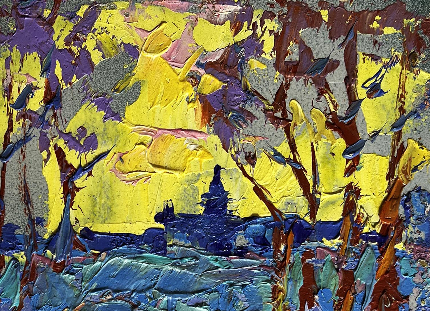 Vibrant Oleksiy Ivanyuk oil painting Winter evening with yellow sunset impasto