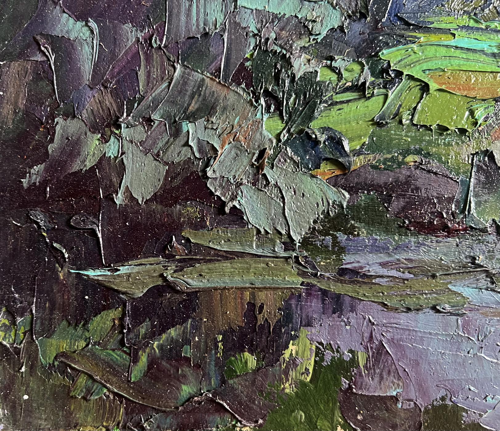 Oil painting In the evening on the meadow by Boris Serdyuk, impasto greens and purples
