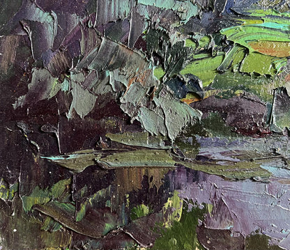 Oil painting In the evening on the meadow by Boris Serdyuk, impasto greens and purples