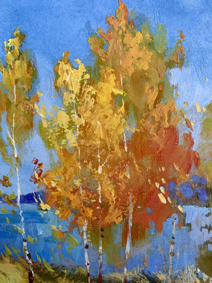Oil painting Early autumn morning by Yuriy Suprunchuk with golden foliage